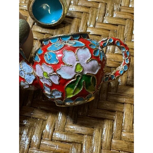 Miniature Cloisonné Enamel Teapot With Stand  Floral Design  Blue Interi… - Picture 8 of 11